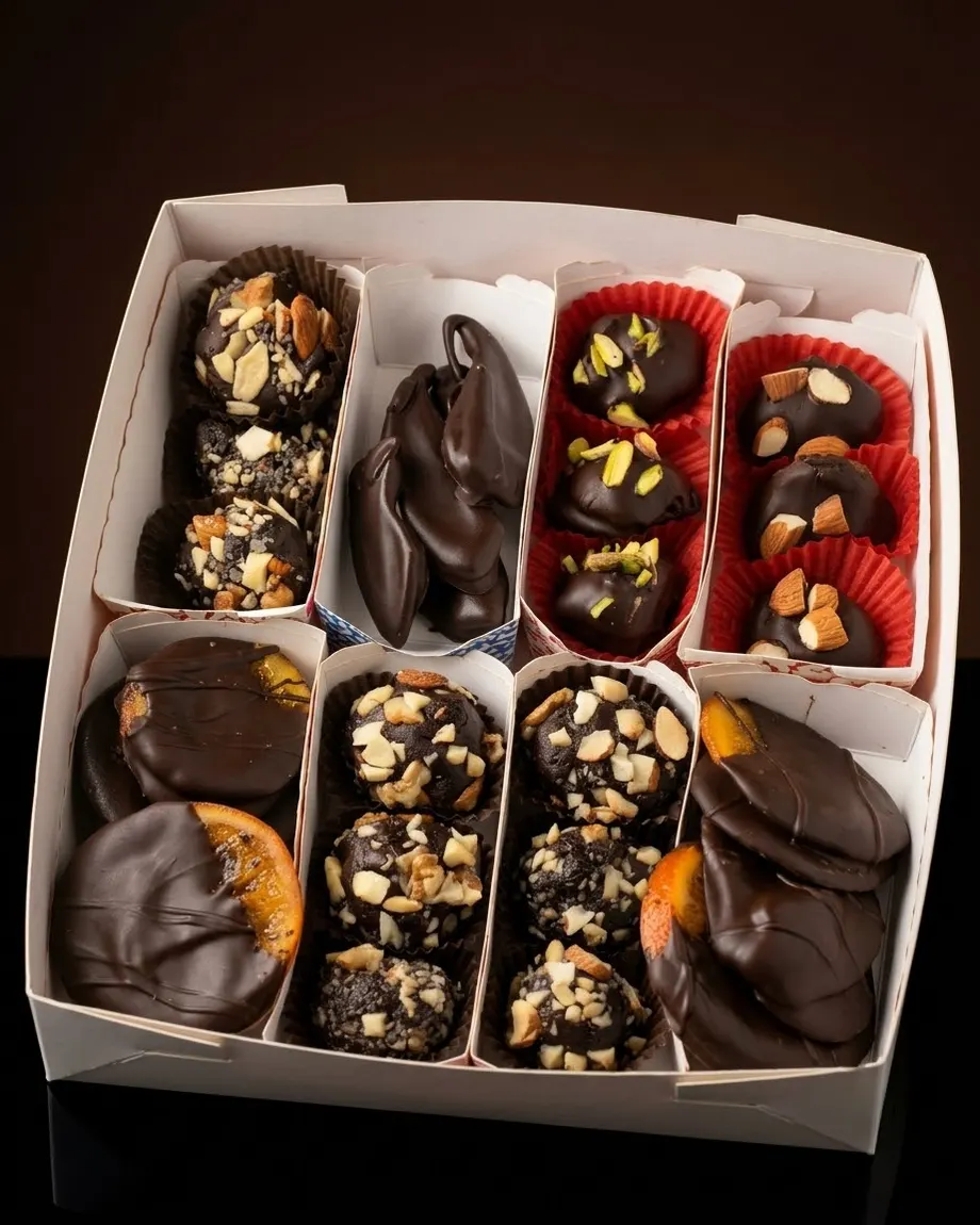 Dark chocolates topped with nuts and candied orange slices, in a white gift box