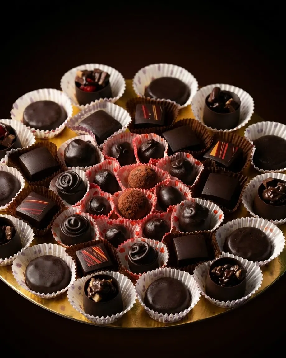 An assortment of Bokils chocolates in paper cups, arranged in rings on a round gold platter