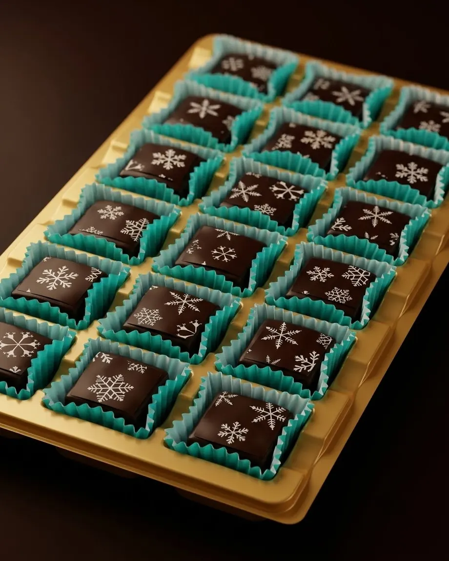 Dark chocolate squares piped with white snowflakes, in teal paper cups on a gold tray